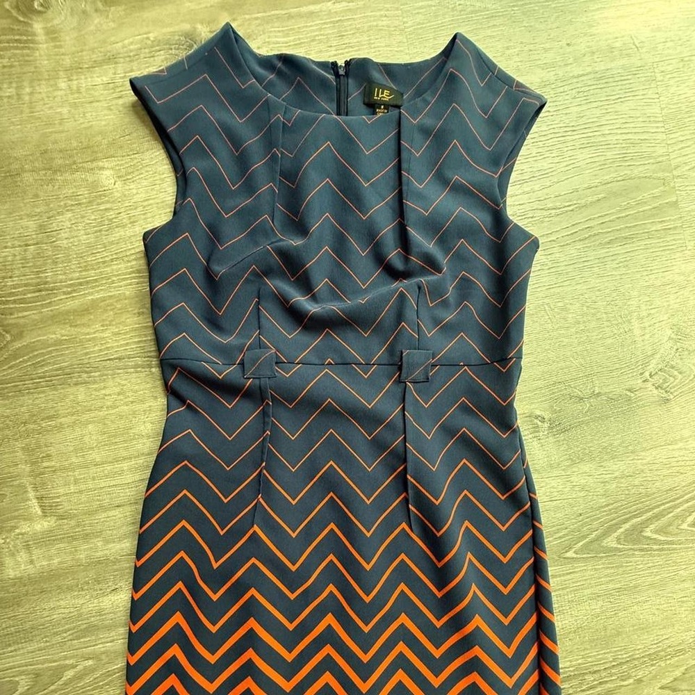 ILE New York Womens Navy Blue Orange Chevron Print Cocktail Sheath Dress Size 8
